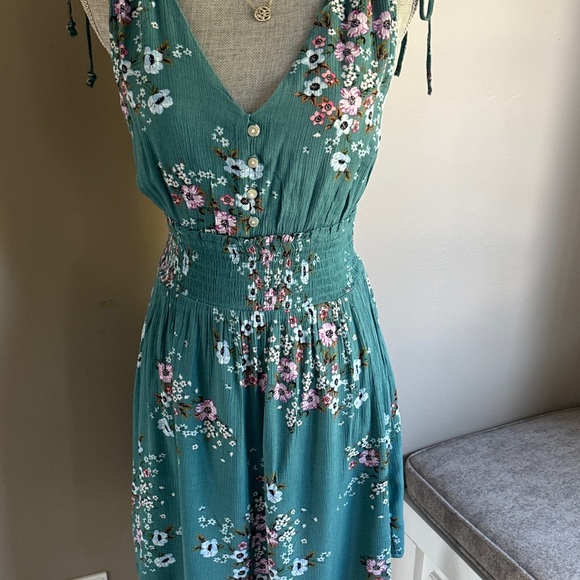 Aeropostale Green Floral Tie-Shoulder Sundress - Teal Floral Dress Size-Small - Picture 9 of 16